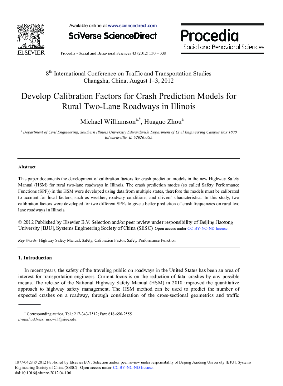 Develop Calibration Factors for Crash Prediction Models for Rural Two-Lane Roadways in Illinois