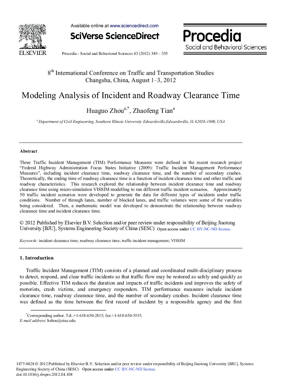 Modeling Analysis of Incident and Roadway Clearance Time