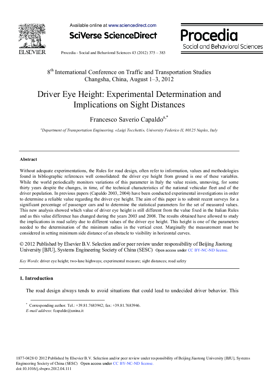 Driver Eye Height: Experimental Determination and Implications on Sight Distances