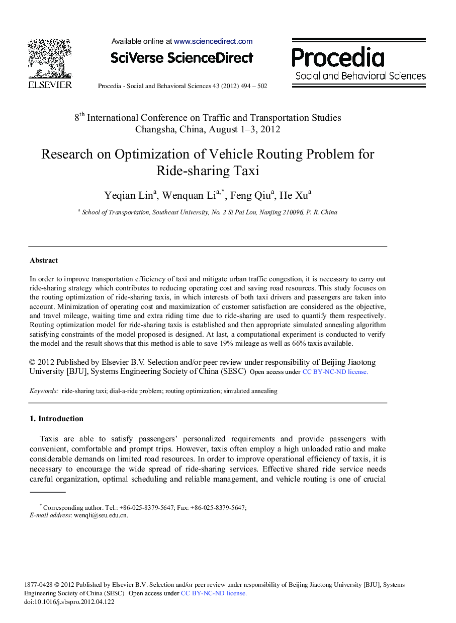 Research on Optimization of Vehicle Routing Problem for Ride-sharing Taxi