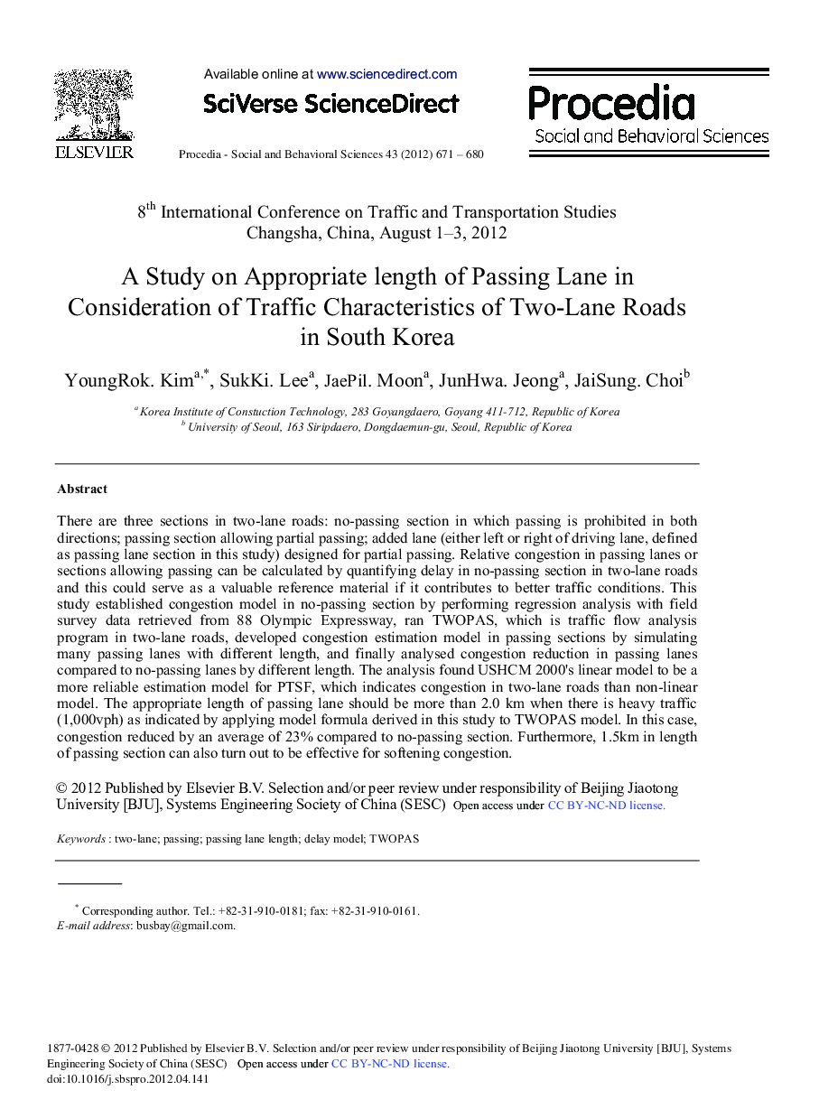 A Study on Appropriate length of Passing Lane in Consideration of Traffic Characteristics of Two-Lane Roads in South Korea