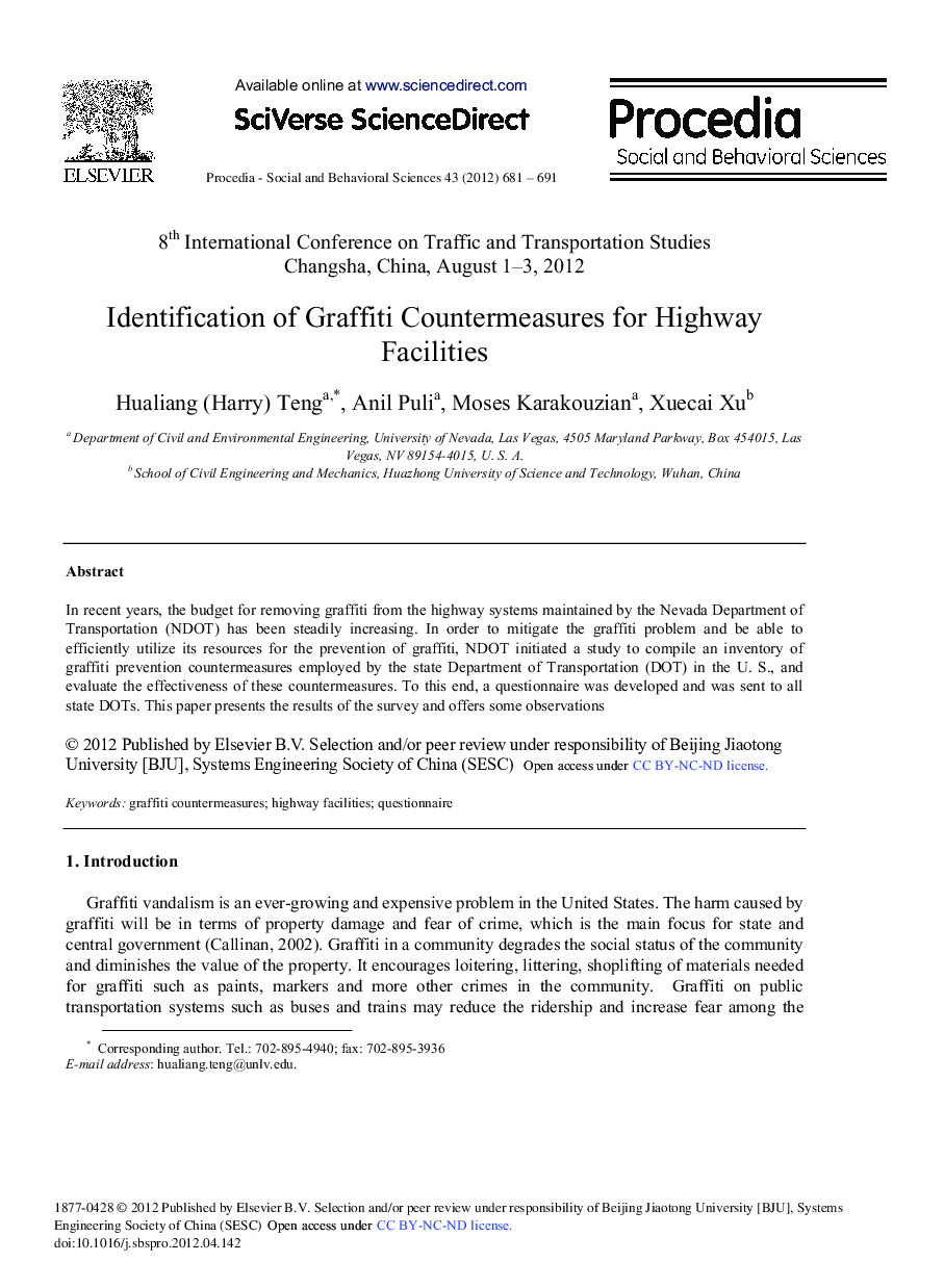 Identification of Graffiti Countermeasures for Highway Facilities