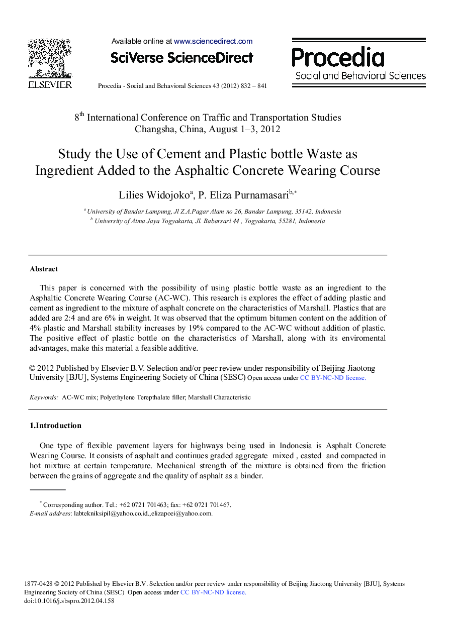 Study the Use of Cement and Plastic bottle Waste as Ingredient Added to the Asphaltic Concrete Wearing Course