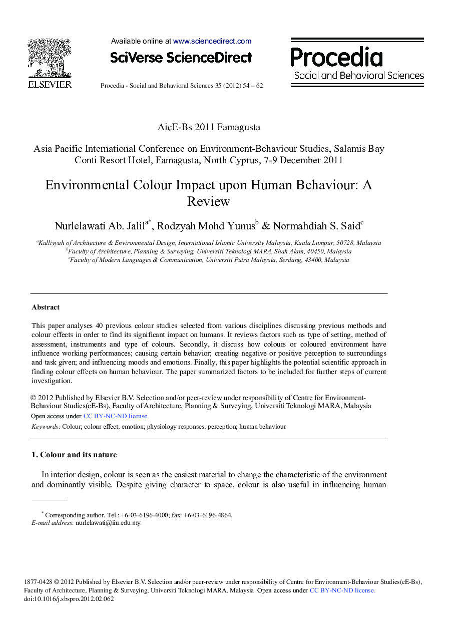 Environmental Colour Impact upon Human Behaviour: A Review