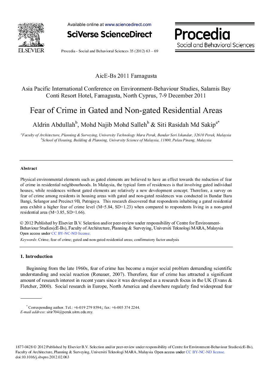 Fear of Crime in Gated and Non-gated Residential Areas