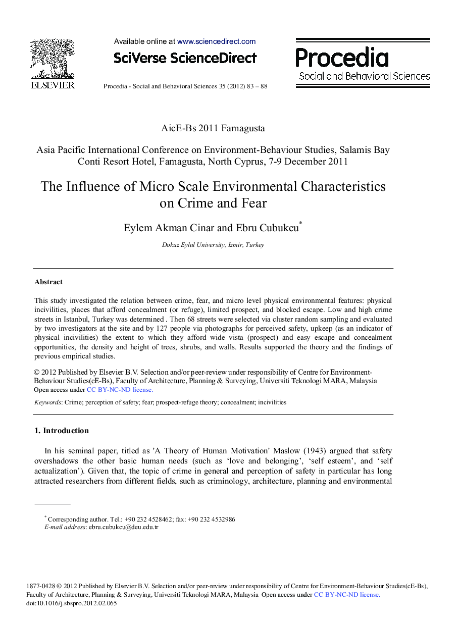 The Influence of Micro Scale Environmental Characteristics on Crime and Fear