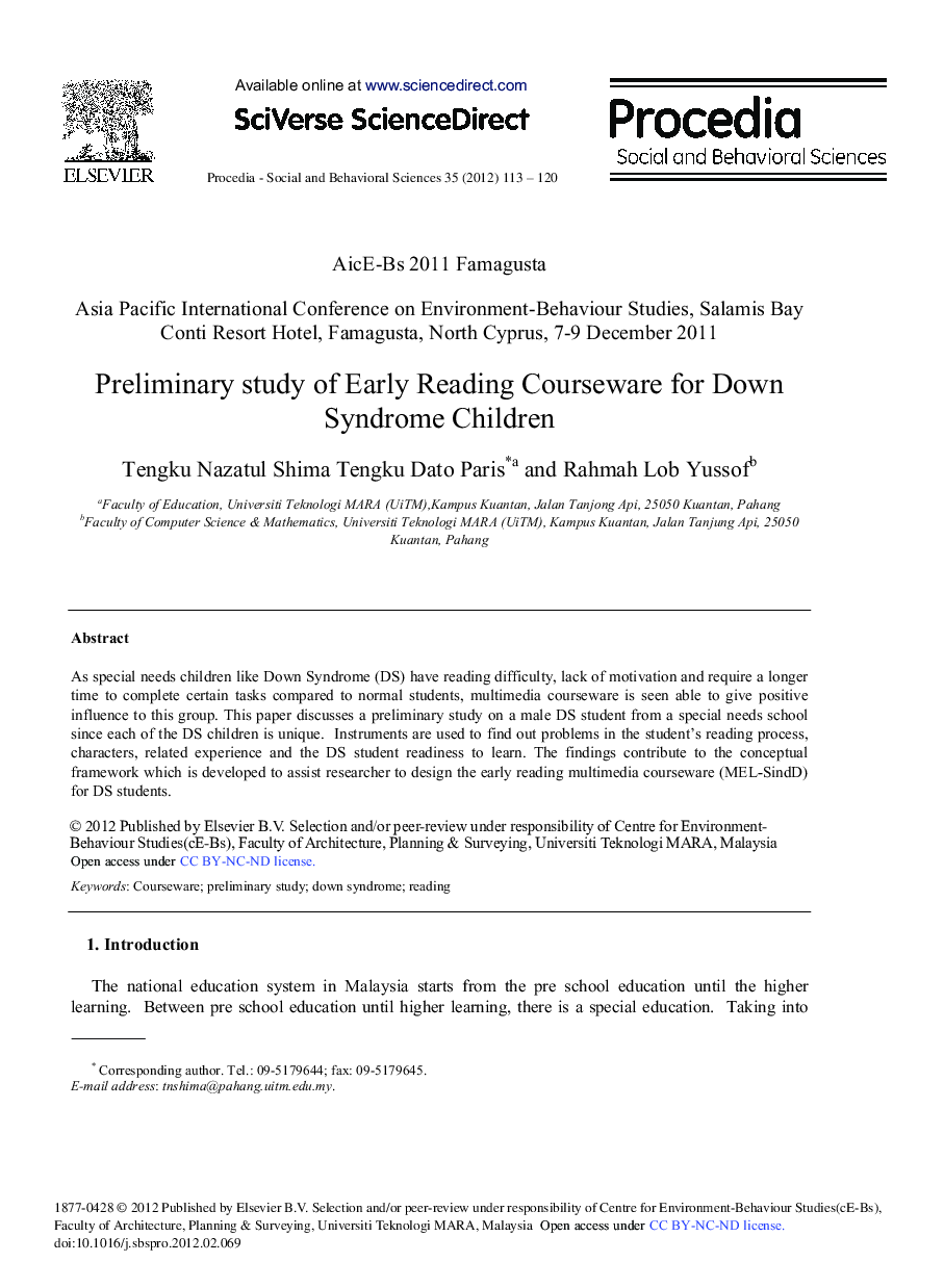 Preliminary study of Early Reading Courseware for Down Syndrome Children