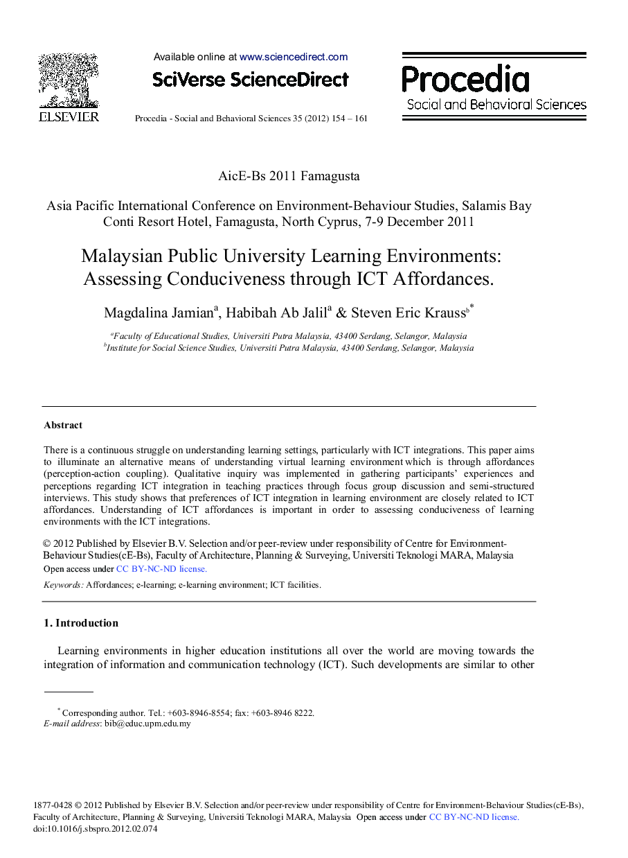 Malaysian Public University Learning Environments: Assessing Conduciveness through ICT Affordances