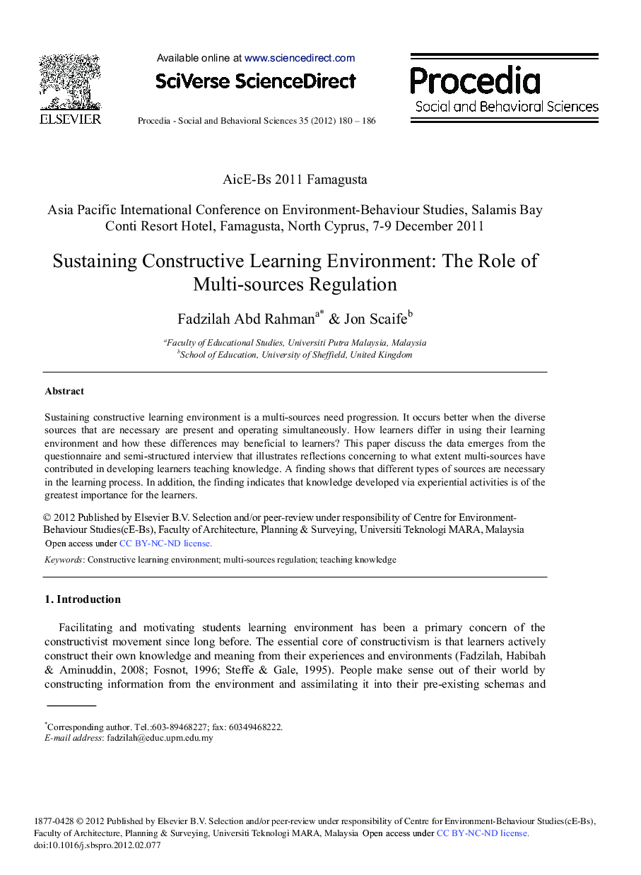 Sustaining Constructive Learning Environment: The Role of Multi-sources Regulation