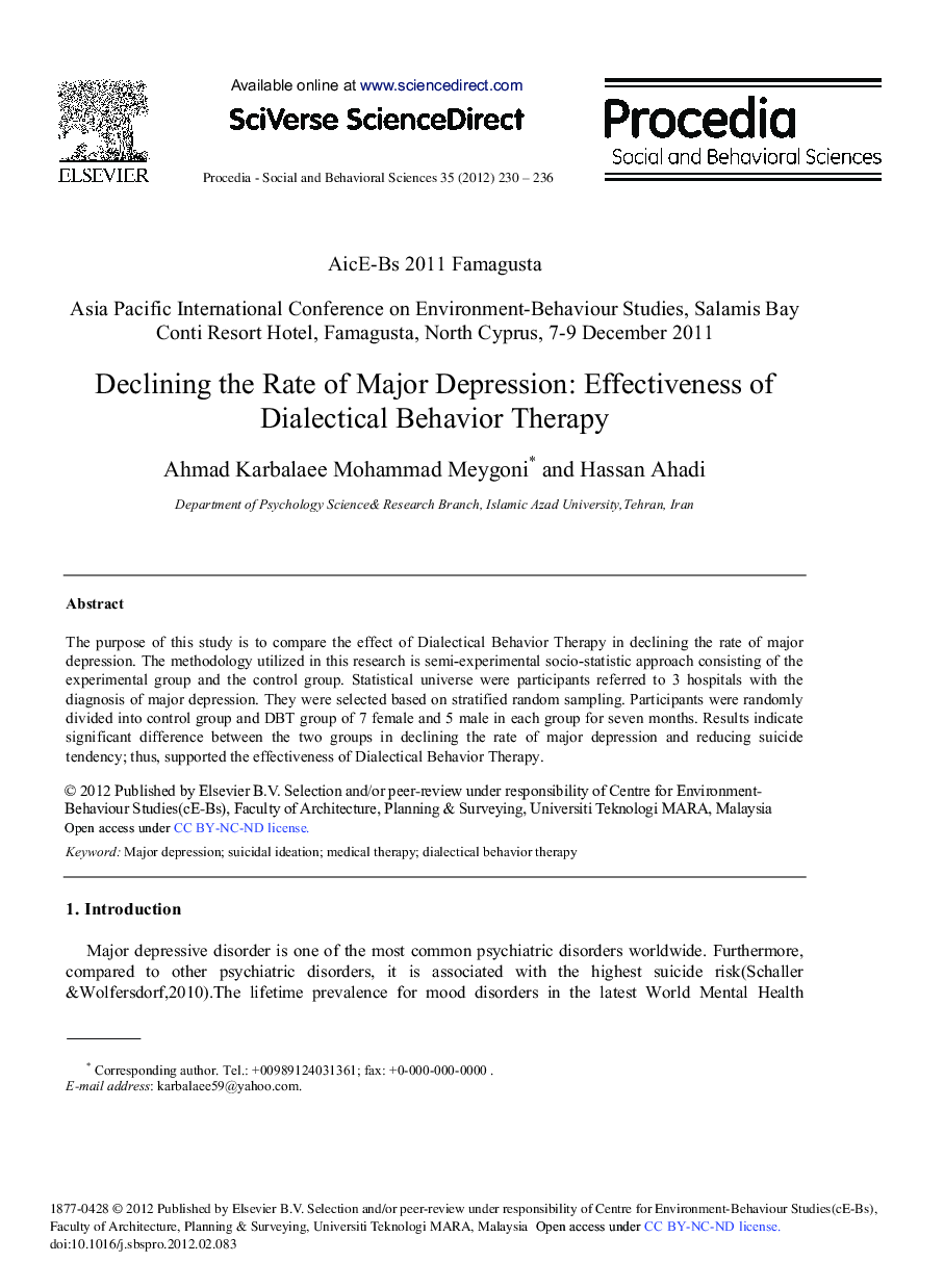 Declining the Rate of Major Depression: Effectiveness of Dialectical Behavior Therapy