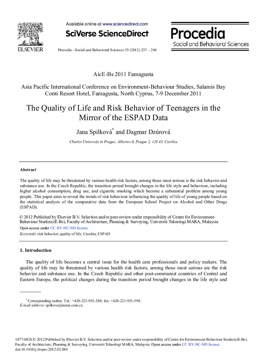 The Quality of Life and Risk Behavior of Teenagers in the Mirror of the ESPAD Data