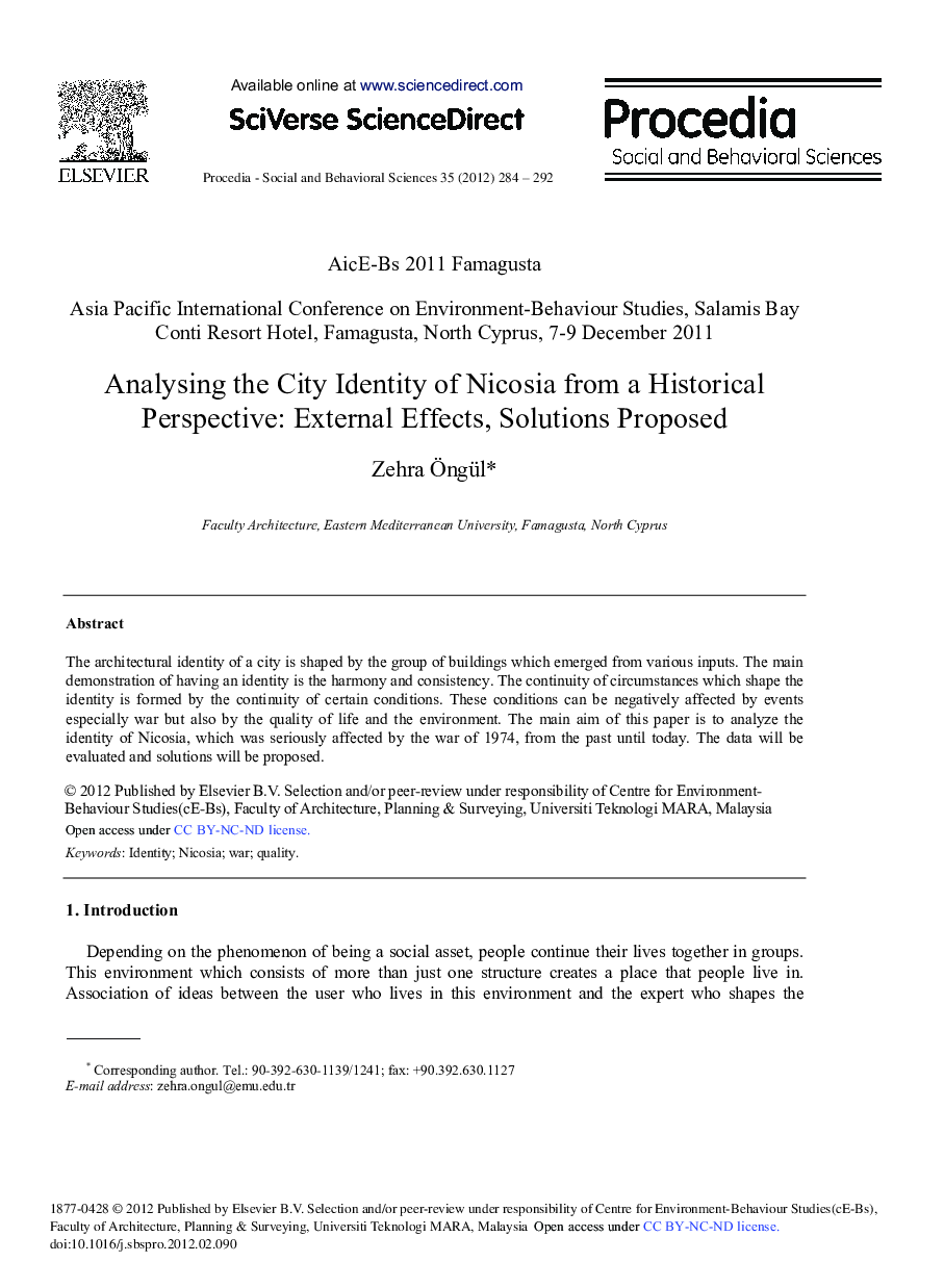 Analysing the City Identity of Nicosia from a Historical Perspective: External Effects, Solutions Proposed