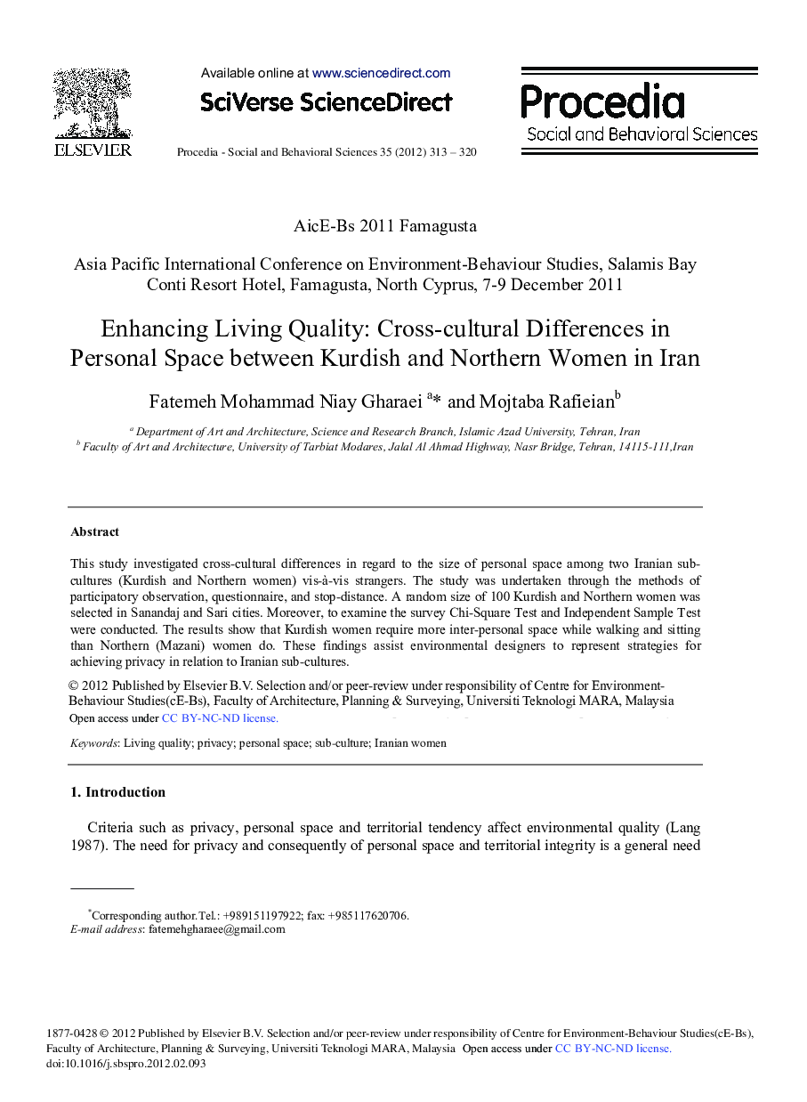 Enhancing Living Quality: Cross-cultural Differences in Personal Space between Kurdish and Northern Women in Iran