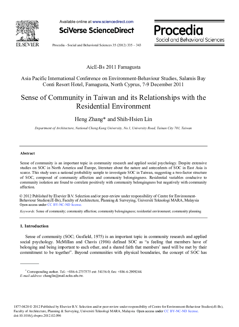 Sense of Community in Taiwan and its Relationships with the Residential Environment