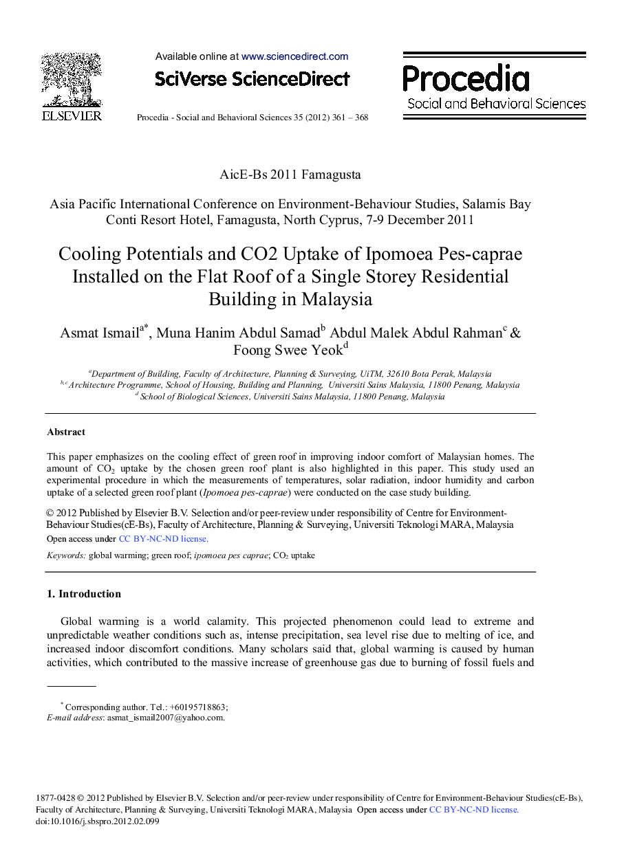 Cooling Potentials and CO2 Uptake of Ipomoea Pes-caprae Installed on the Flat Roof of a Single Storey Residential Building in Malaysia