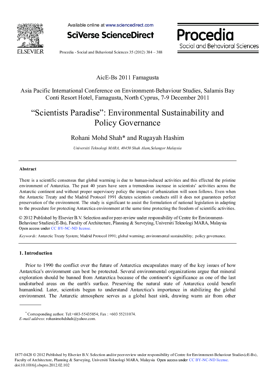 “Scientists Paradise”: Environmental Sustainability and Policy Governance