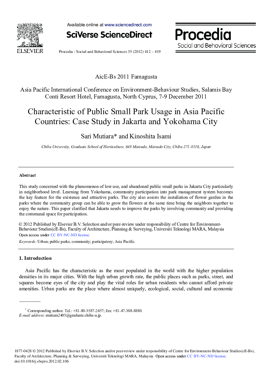 Characteristic of Public Small Park Usage in Asia Pacific Countries: Case Study in Jakarta and Yokohama City