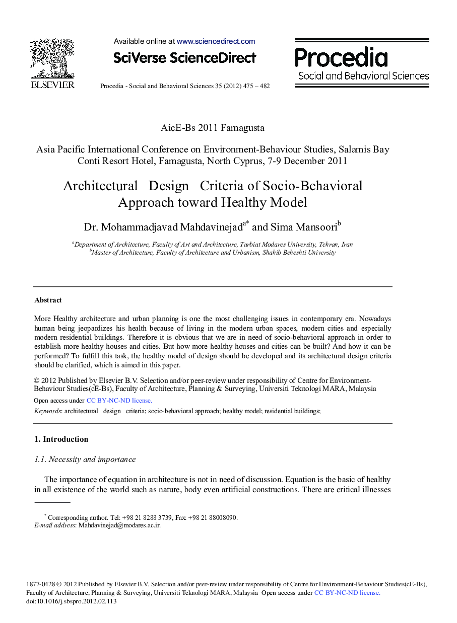 Architectural Design Criteria of Socio-Behavioral Approach toward Healthy Model