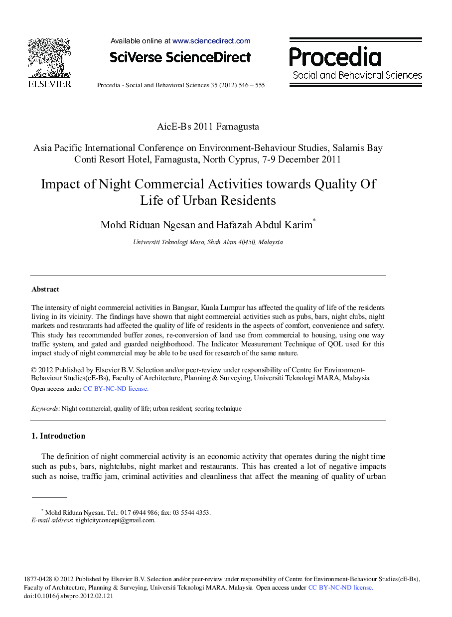 Impact of Night Commercial Activities towards Quality Of Life of Urban Residents