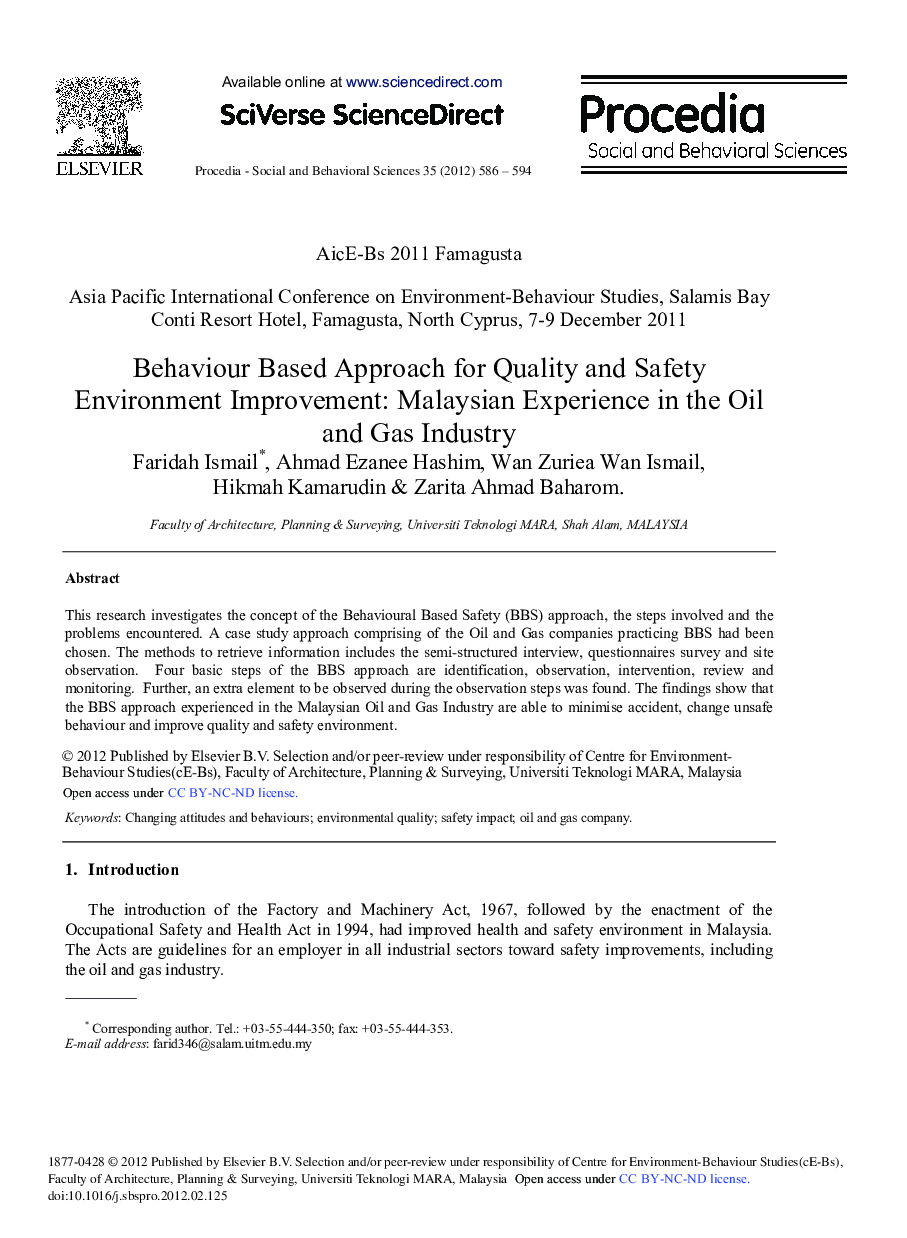 Behaviour Based Approach for Quality and Safety Environment Improvement: Malaysian Experience in the Oil and Gas Industry