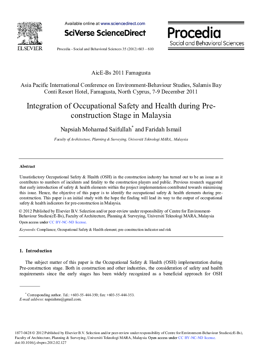 Integration of Occupational Safety and Health during Pre-construction Stage in Malaysia