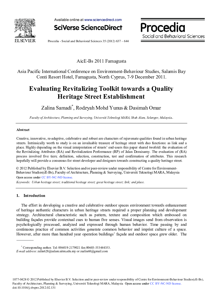 Evaluating Revitalizing Toolkit towards a Quality Heritage StreetEstablishment