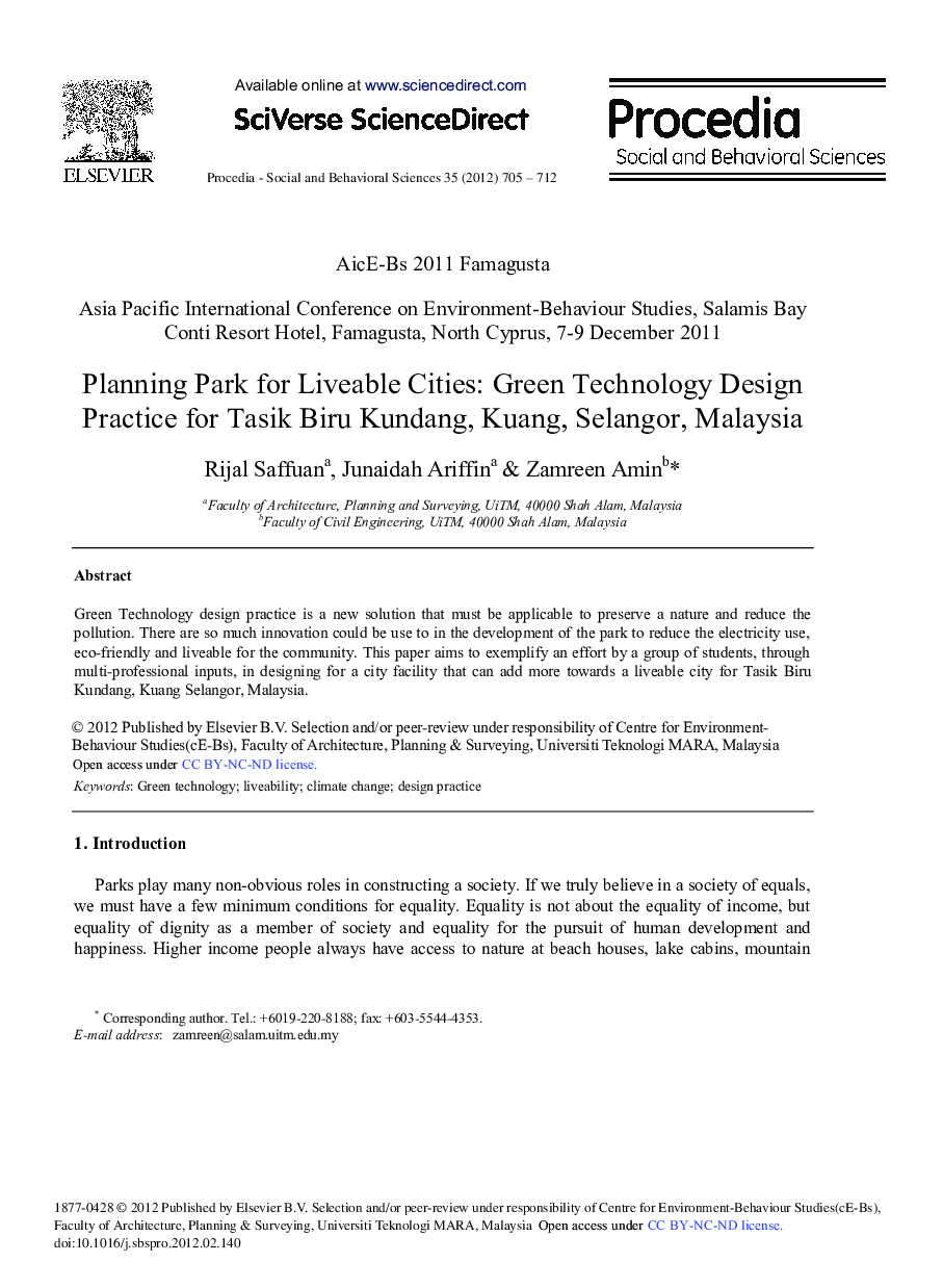 Planning Park for Liveable Cities: Green Technology Design Practice for Tasik Biru Kundang, Kuang, Selangor, Malaysia