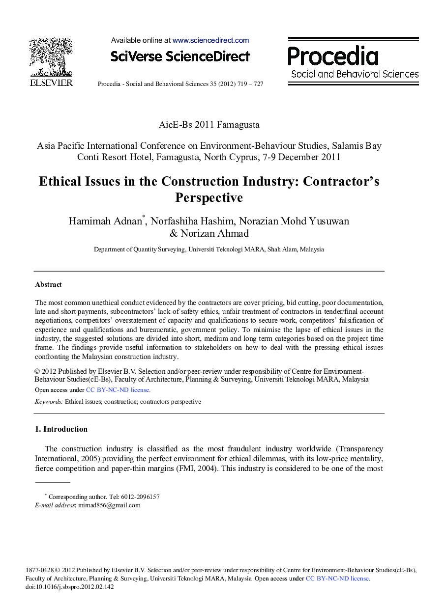 Ethical Issues in the Construction Industry: Contractor's Perspective