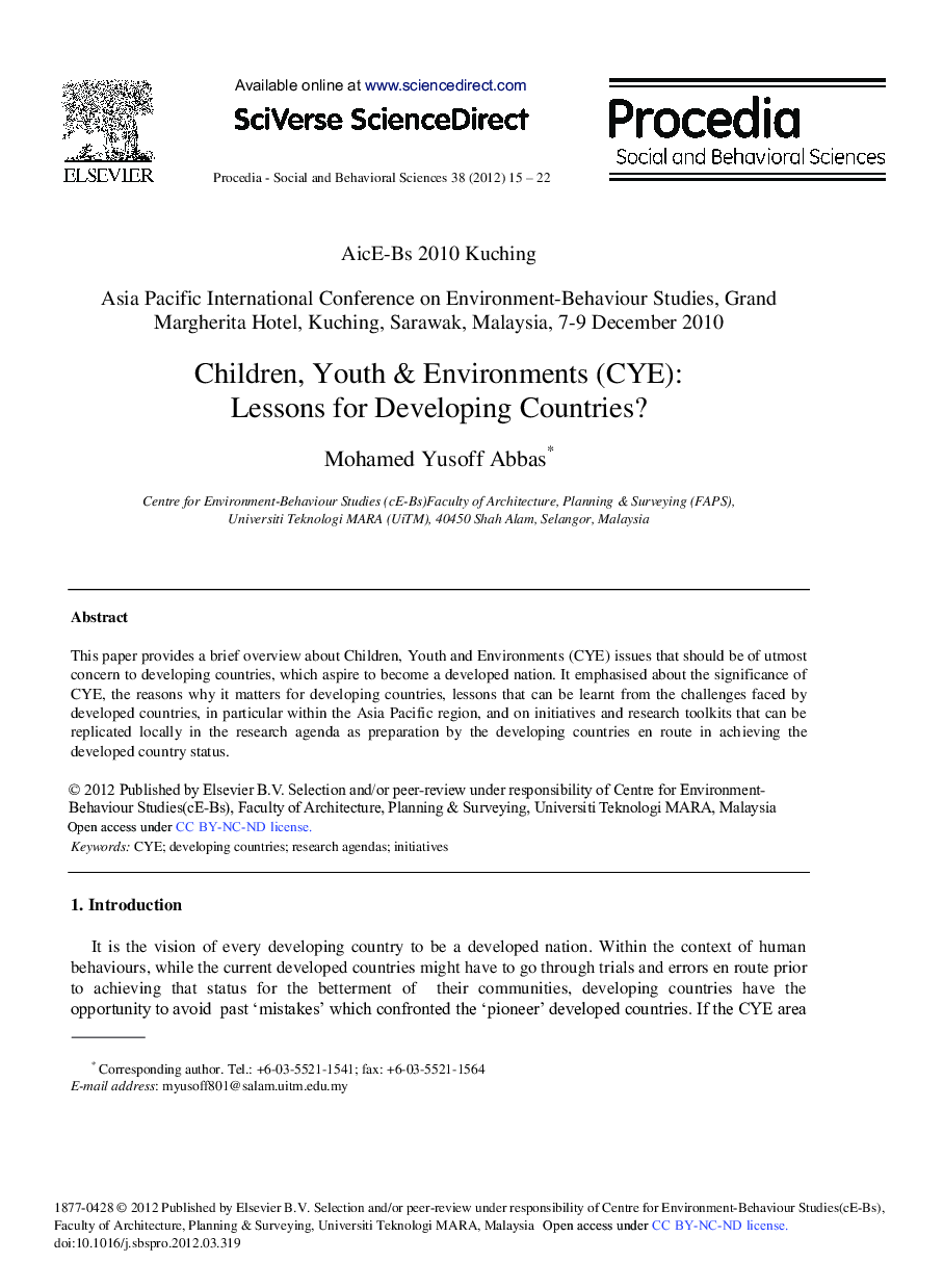 Children, Youth & Environments (CYE): Lessons for Developing Countries?