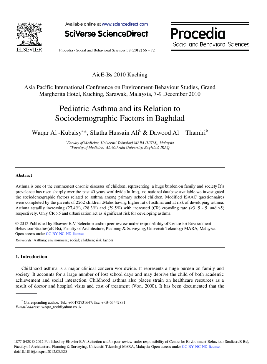 Pediatric Asthma and its Relation to Sociodemographic Factors in Baghdad