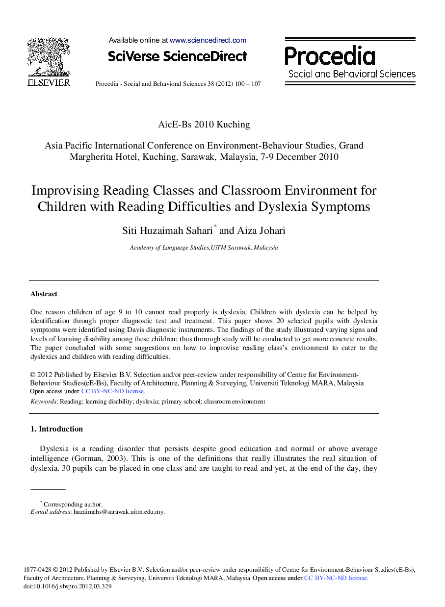 Improvising Reading Classes and Classroom Environment for Children with Reading Difficulties and Dyslexia Symptoms