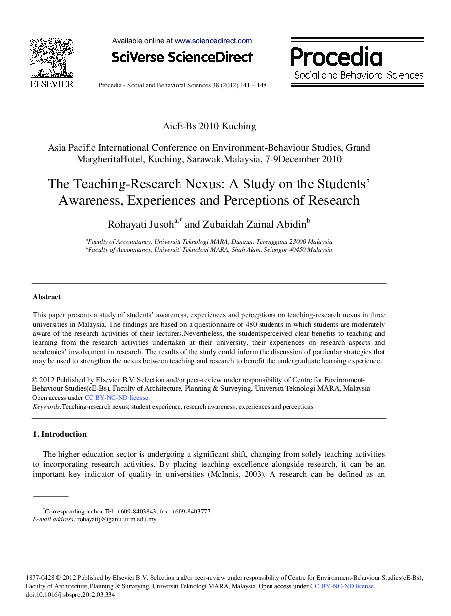 The Teaching-Research Nexus: A Study on the Students’ Awareness, Experiences and Perceptions of Research