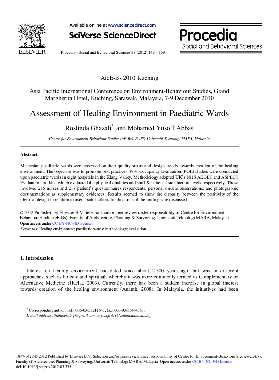 Assessment of Healing Environment in Paediatric Wards