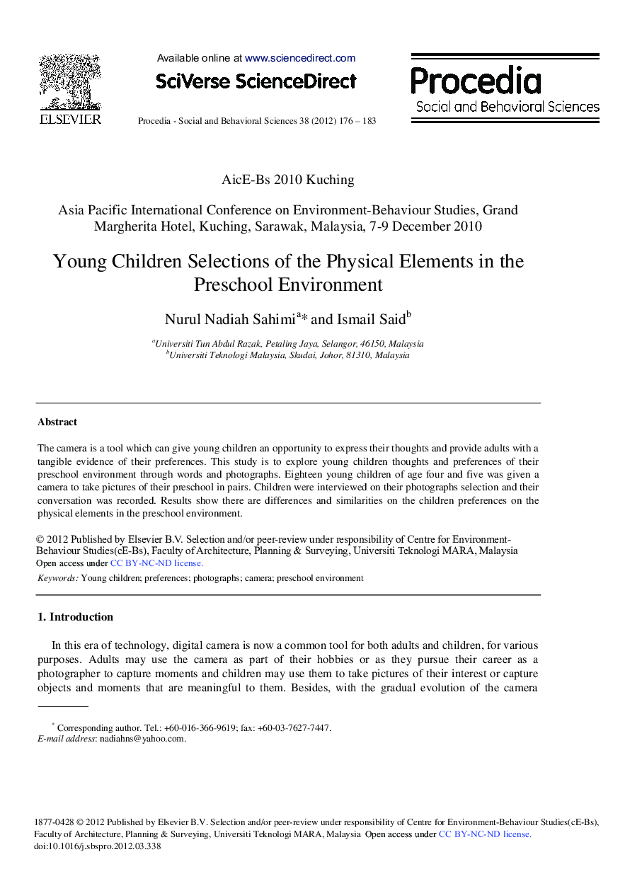 Young Children Selections of the Physical Elements in the Preschool Environment