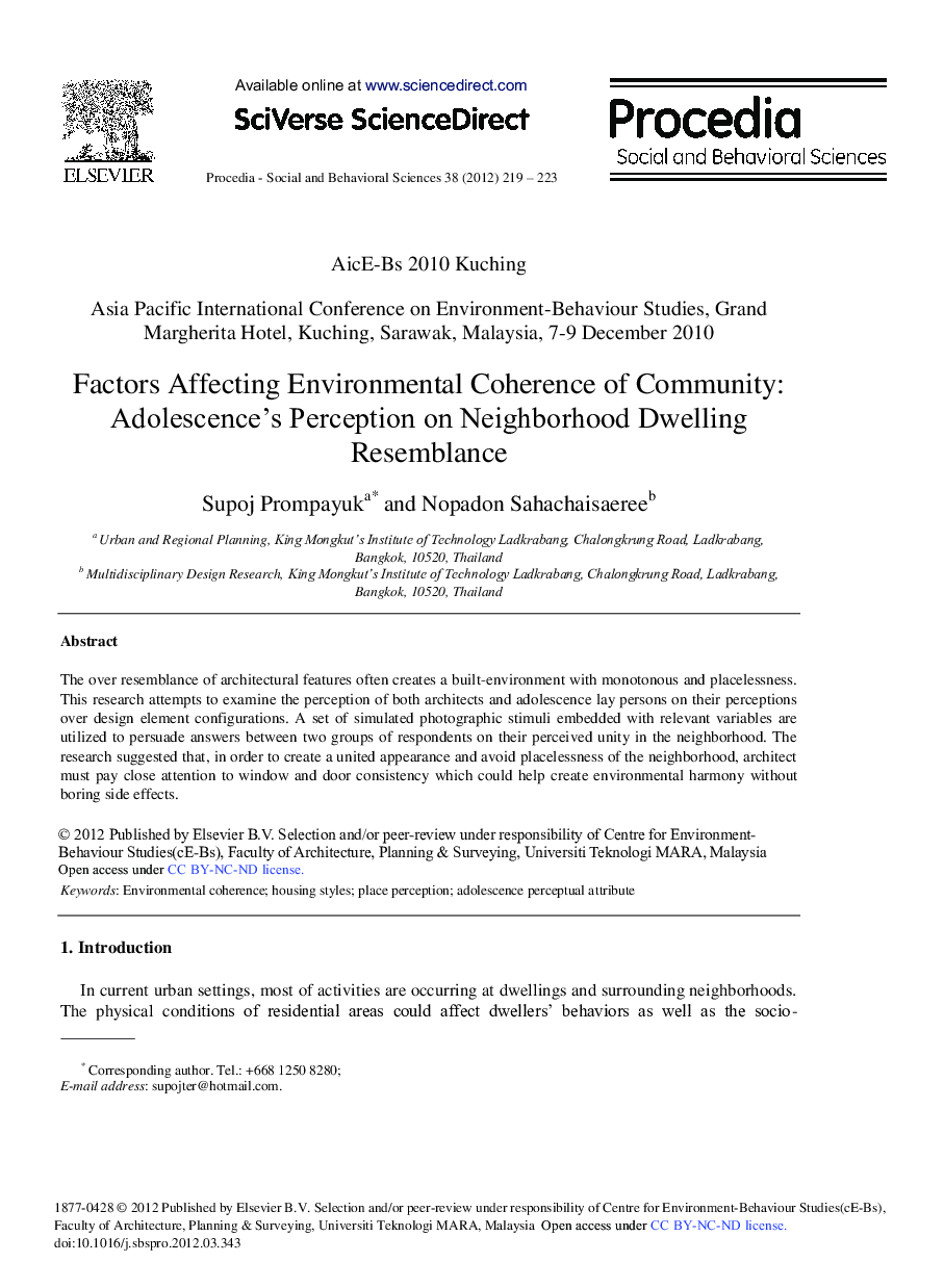 Factors Affecting Environmental Coherence of Community: Adolescence's Perception on Neighborhood Dwelling Resemblance