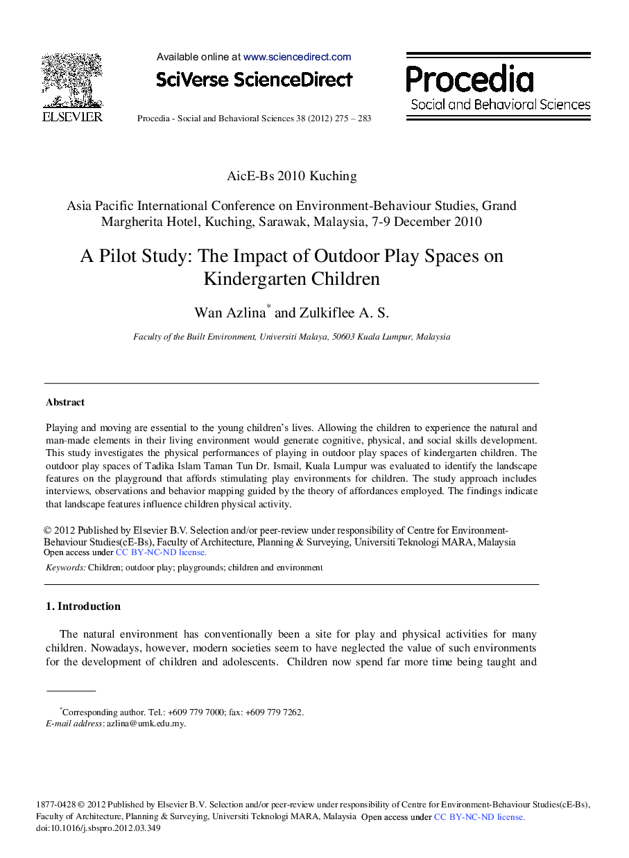 A Pilot Study: The Impact of Outdoor Play Spaces on Kindergarten Children