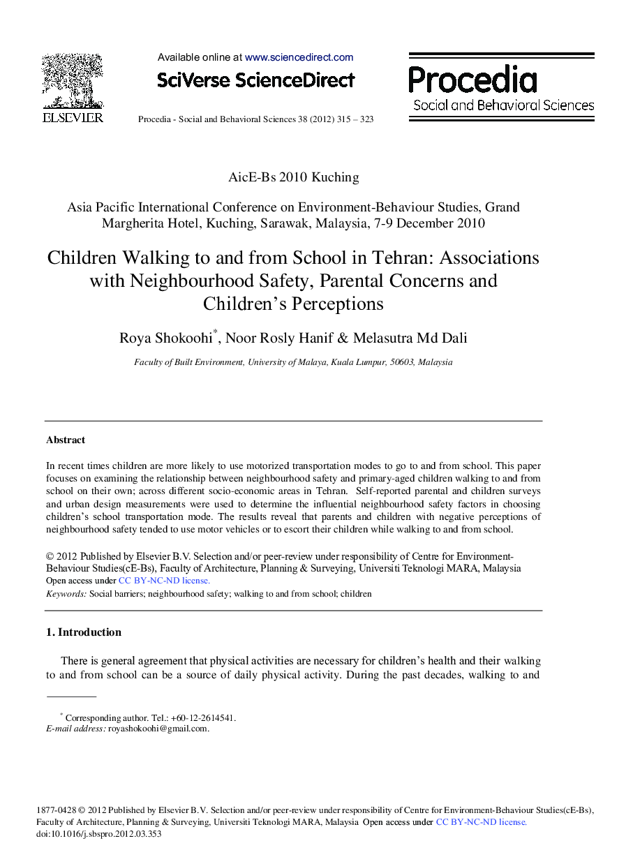 Children Walking to and from School in Tehran: Associations with Neighbourhood Safety, Parental Concerns and Children's Perceptions