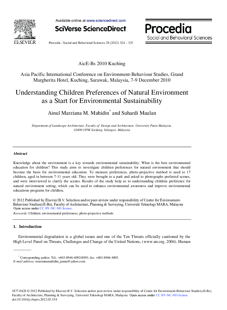 Understanding Children Preferences of Natural Environment as a Start for Environmental Sustainability