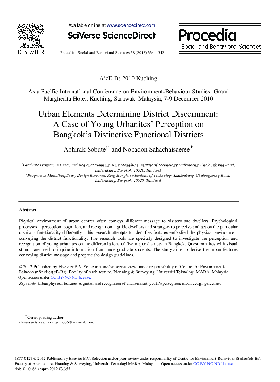 Urban Elements Determining District Discernment: A Case of Young Urbanites’ Perception on Bangkok's Distinctive Functional Districts