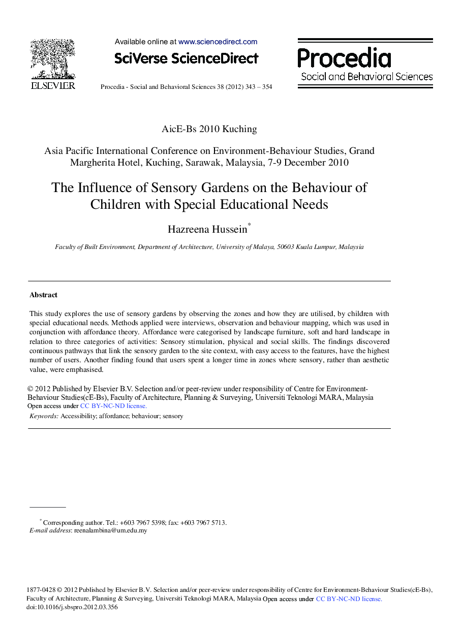 The Influence of Sensory Gardens on the Behaviour of Children with Special Educational Needs