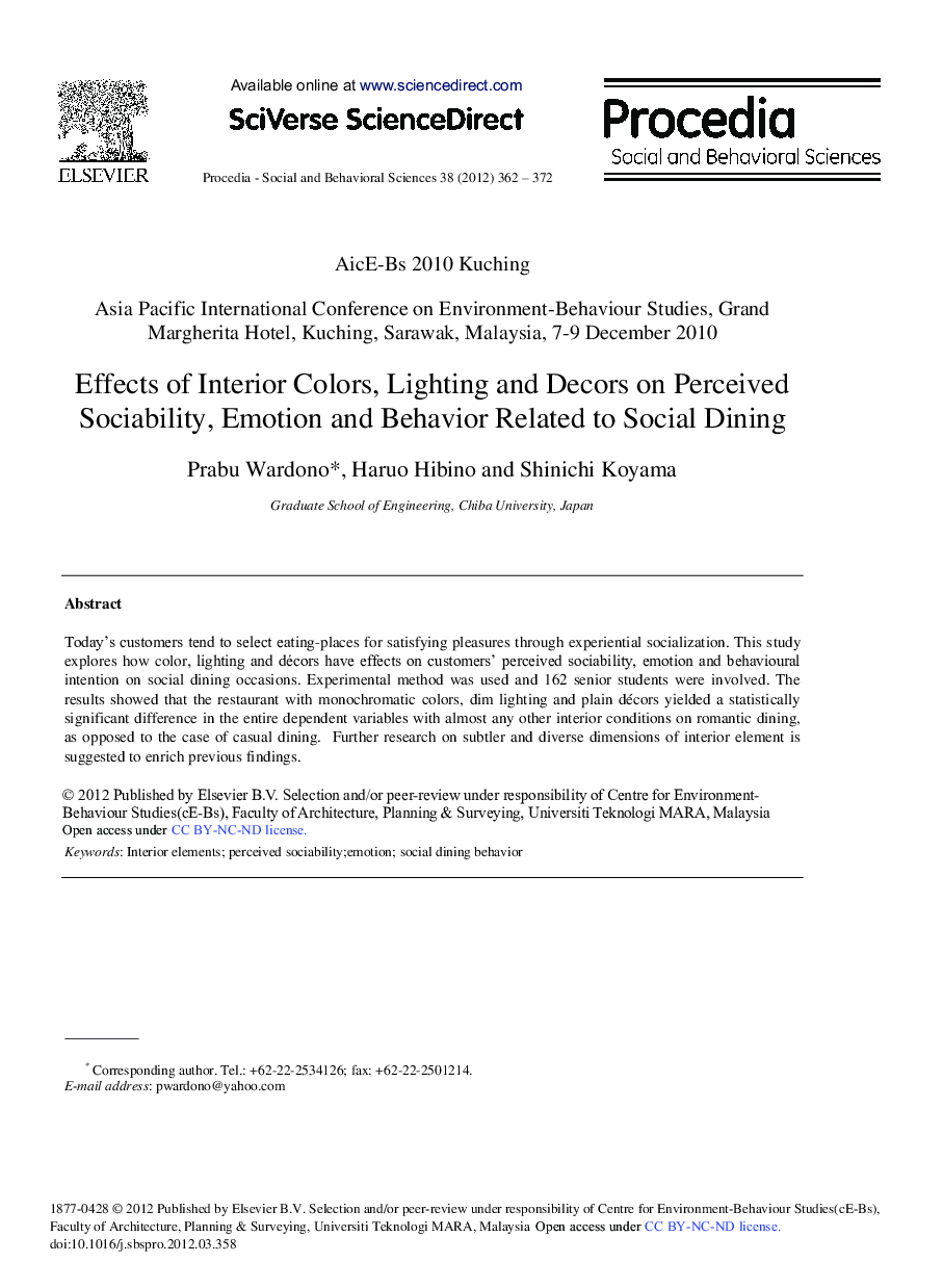 Effects of Interior Colors, Lighting and Decors on Perceived Sociability, Emotion and Behavior Related to Social Dining