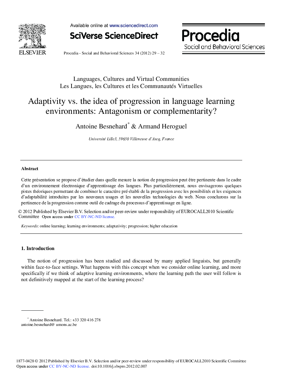 Adaptivity vs. the idea of progression in language learning environments: Antagonism or complementarity?