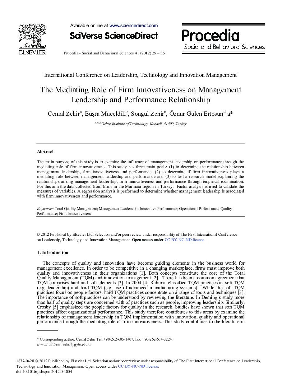 The Mediating Role of Firm Innovativeness on Management Leadership and Performance Relationship