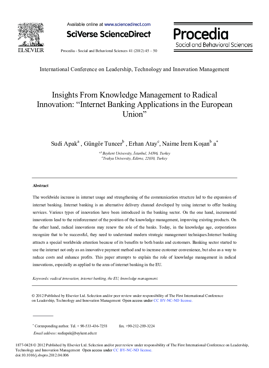 Insights From Knowledge Management to Radical Innovation: “Internet Banking Applications in the European Union”