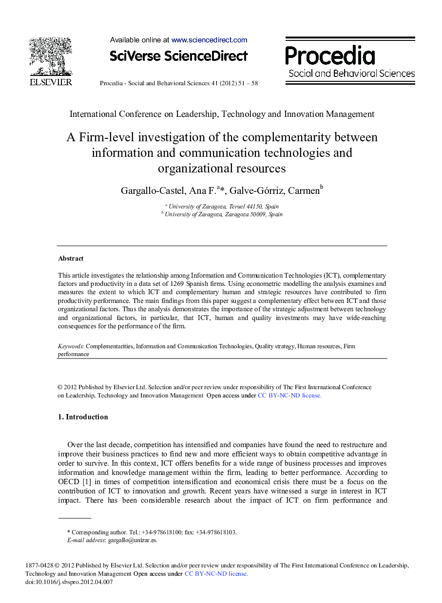 A Firm-level investigation of the complementarity between information and communication technologies and organizational resources