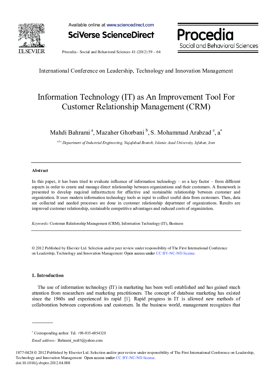 Information Technology (IT) as An Improvement Tool For Customer Relationship Management (CRM)