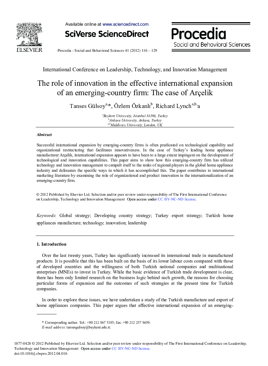 The role of innovation in the effective international expansion of an emerging-country firm: The case of Arçelik