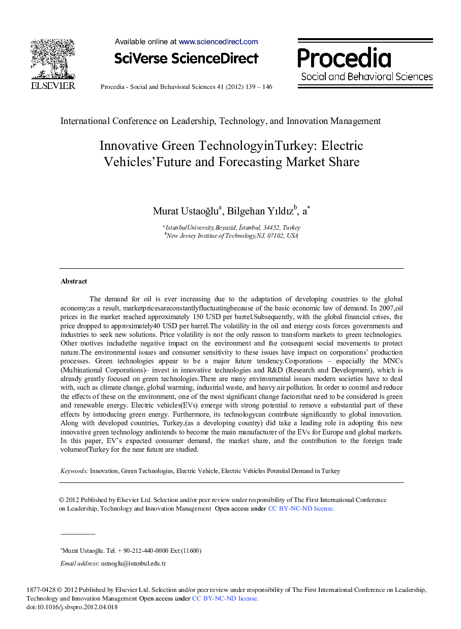 Innovative Green TechnologyinTurkey: Electric Vehicles’Future and Forecasting Market Share