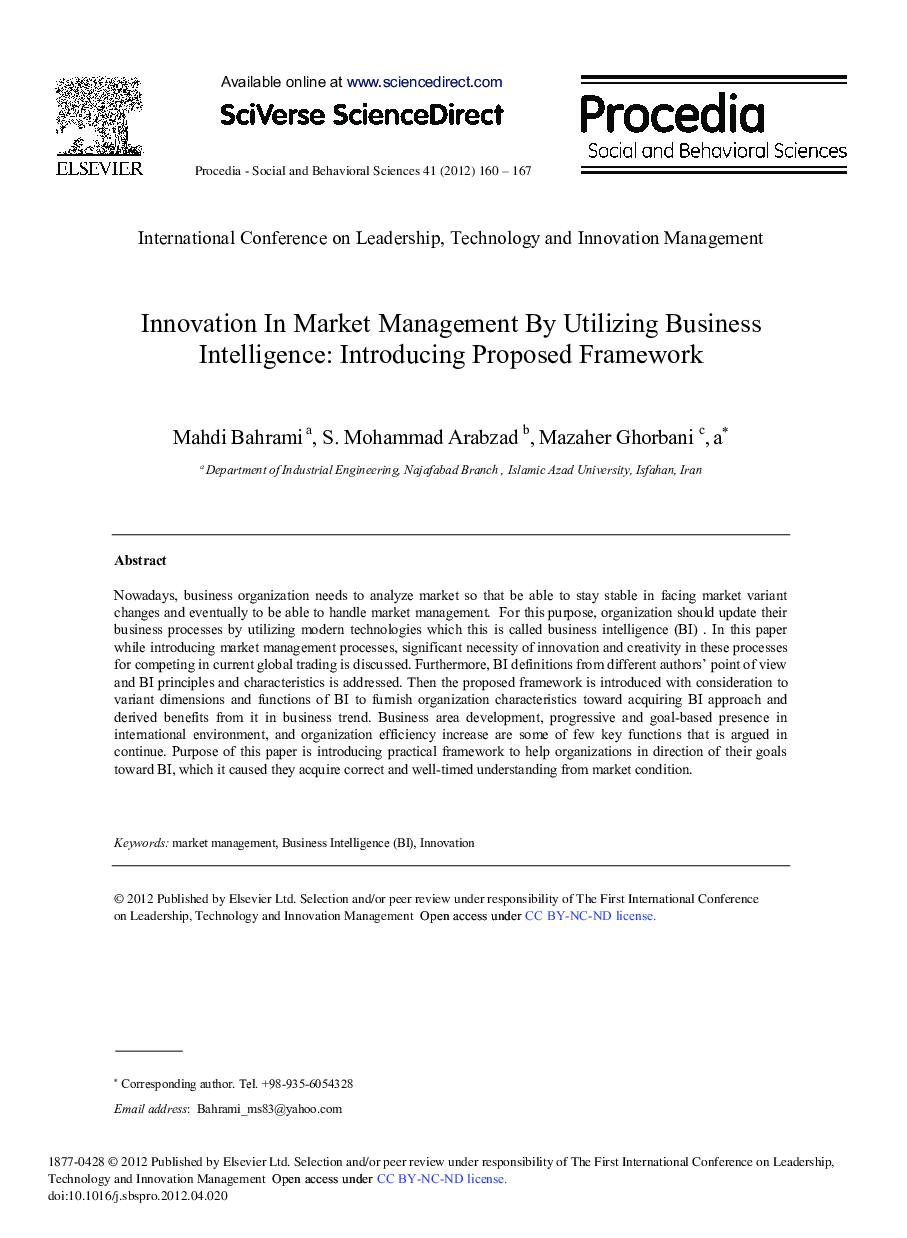 Innovation In Market Management By Utilizing Business Intelligence: Introducing Proposed Framework
