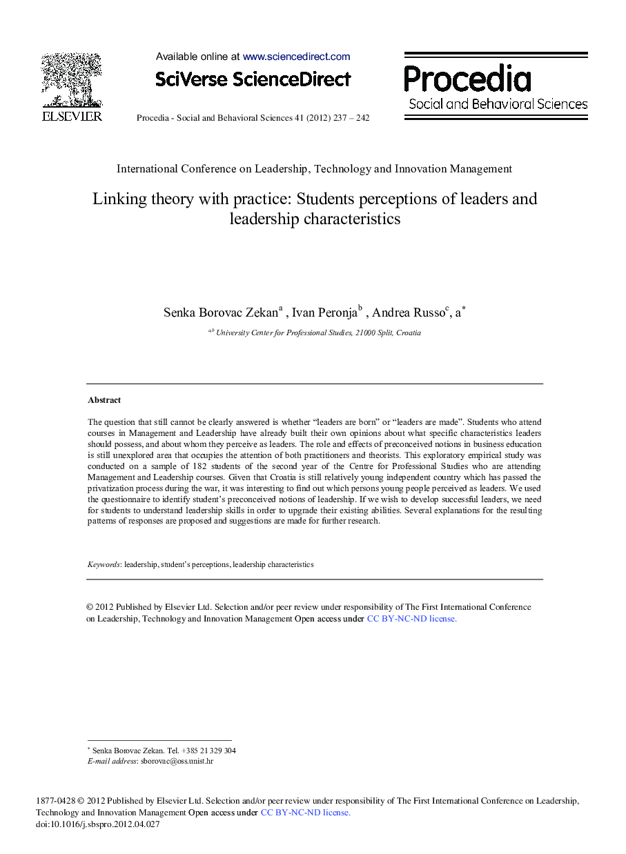 Linking theory with practice: Students perceptions of leaders and leadership characteristics